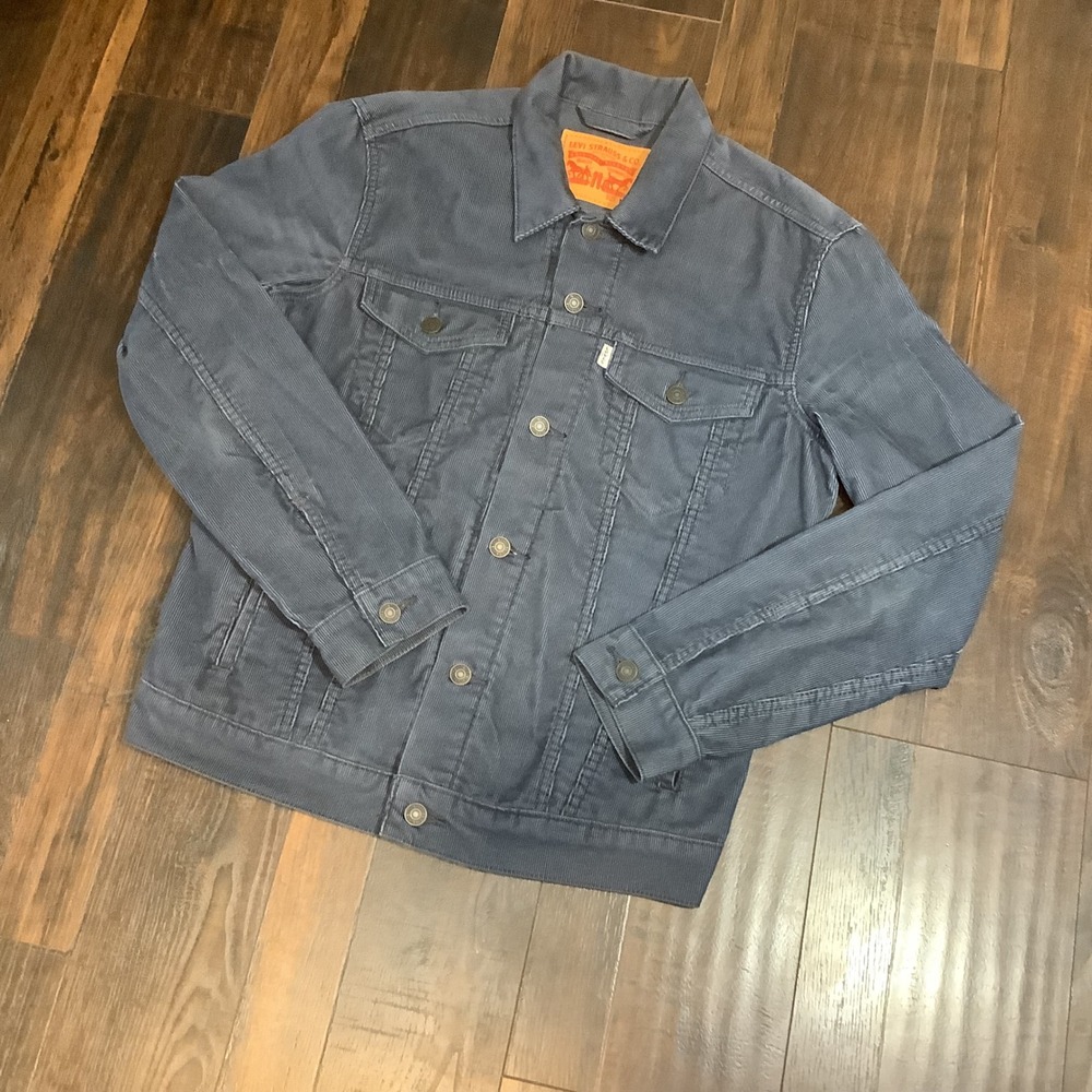 Levis Mens Corduroy Trucker Jacket Slate Blue Grey Button Front Size M